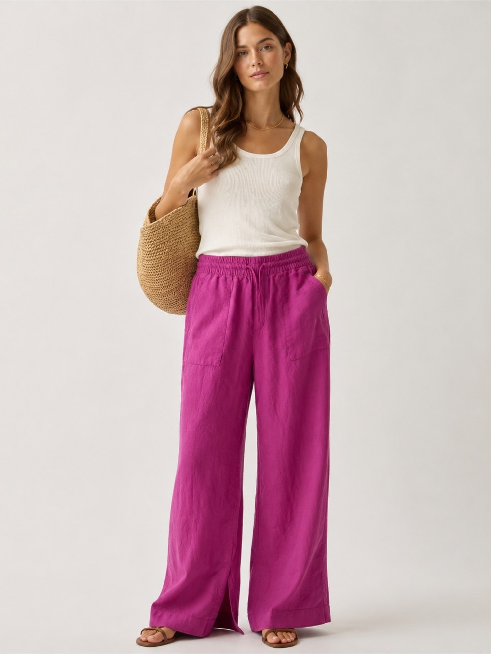 Athleta Retreat Linen Pants M Magenta Pink Wide Leg Drawstring Resort Boho Beach